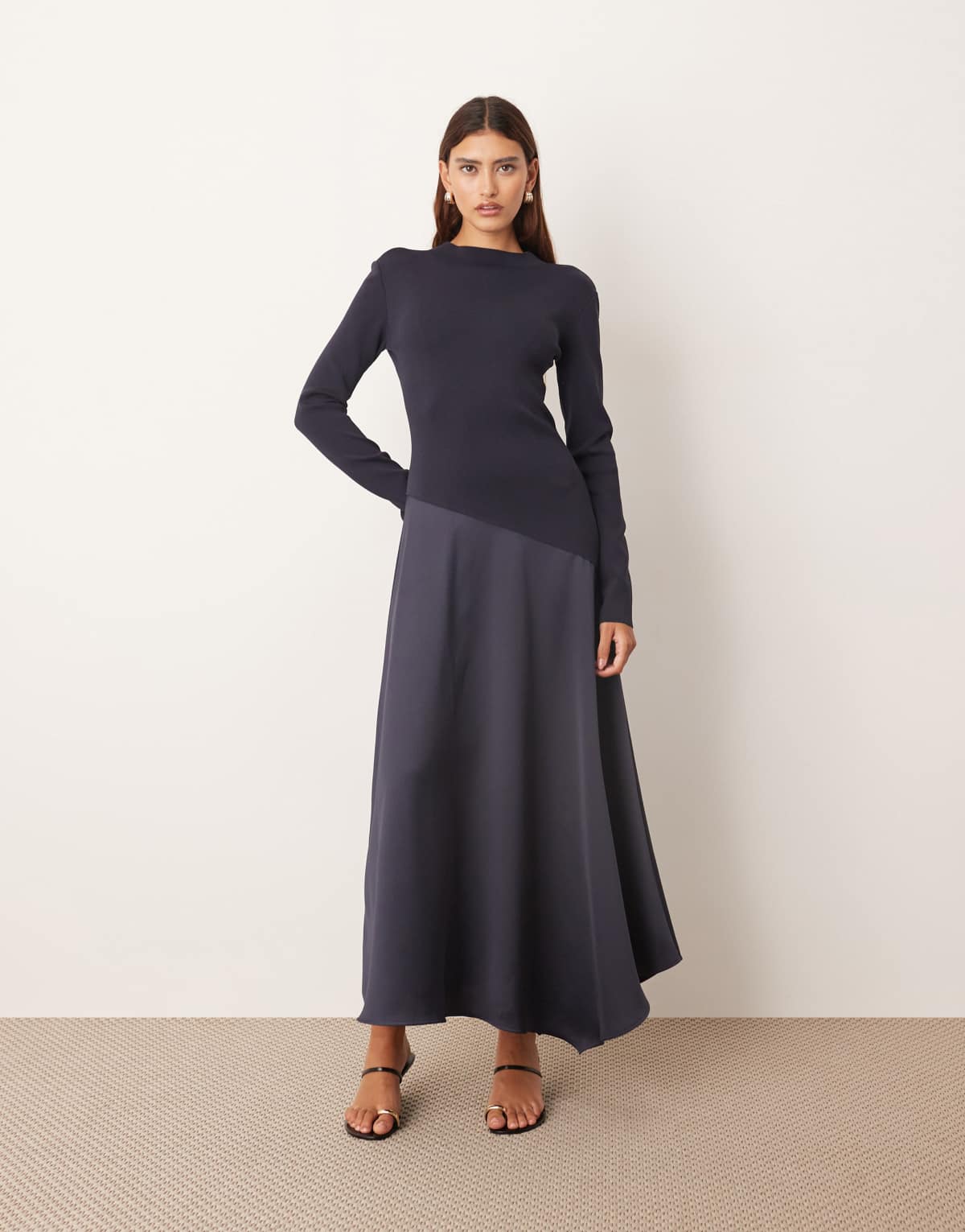ARRANGE hybrid knit maxi dress with asymmetric skirt in navy