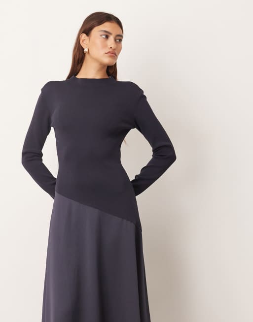 ARRANGE hybrid knit maxi dress with asymmetric skirt in navy