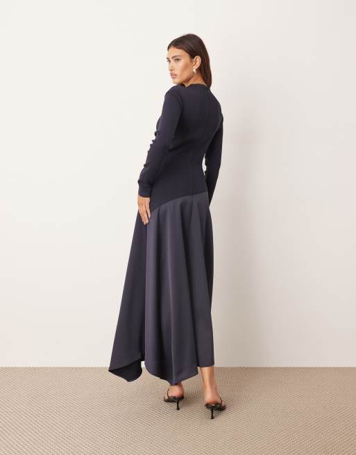 ARRANGE hybrid knit maxi dress with asymmetric skirt in navy