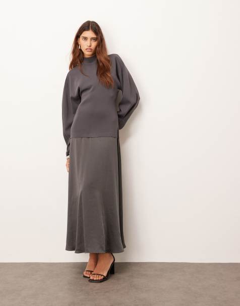 ARRANGE hybrid knit mix sculpted sleeve maxi dress in charcoal - view 1