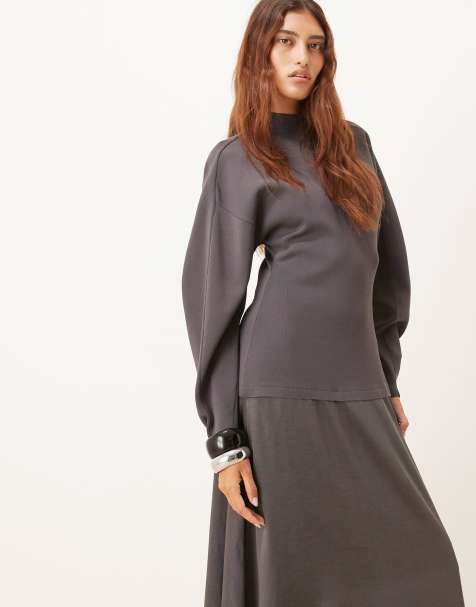 ARRANGE hybrid knit mix sculpted sleeves maxi dress in charcoal - view 1