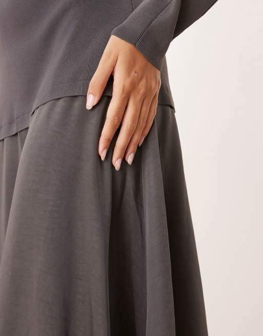 ARRANGE hybrid knit mix sculpted sleeves maxi dress in charcoal, 3 of 4