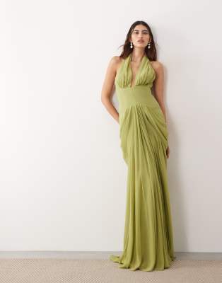 ARRANGE hybrid plunge halter neck cinched waist maxi dress with train in green