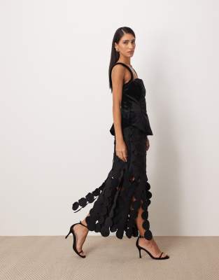 Arrange Hybrid Sculpted Bodice Circle Fringe Midi Dress In Black