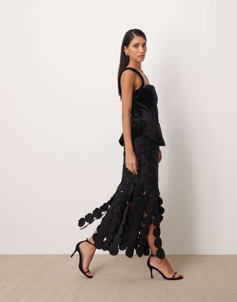 ARRANGE hybrid sculpted bodice circle fringe midi dress in black - view 1