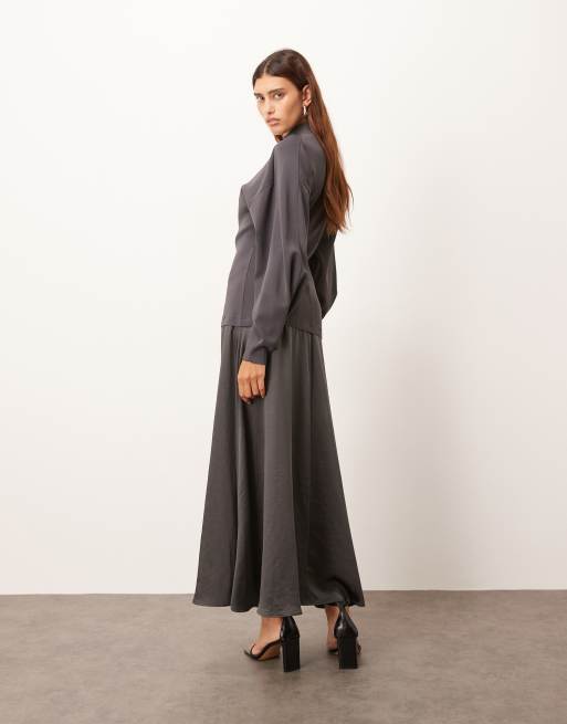 ARRANGE - Hybride gebreide maxi jurk met gemodelleerde mouwen in antracietgrijs, 4 van 4