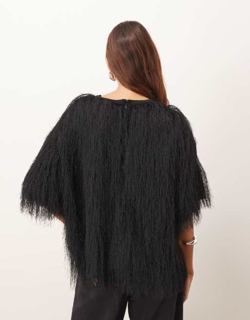 ARRANGE - Hybride geweven top met franjes in zwart, 4 van 4