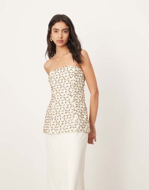 ARRANGE - Hybride maxi bandeau-jurk met geometrische versiering in ivoorwit en goud - view 1