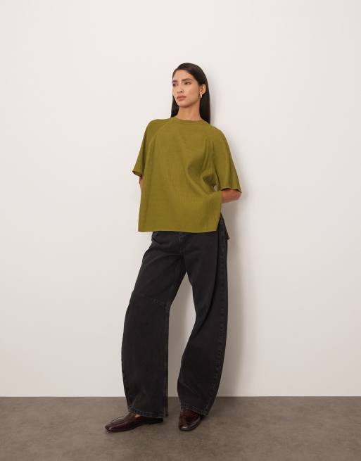 ARRANGE - Hybride T-shirt met raglanmouwen en textuur in olijfgroen, 4 van 4