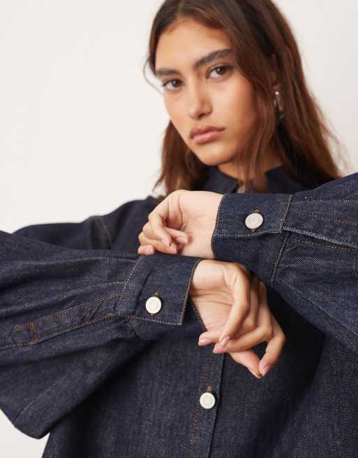 ARRANGE - Indigoblå denimskjorte med struktur og firkantet pasform - Del af sæt, 3 af 4