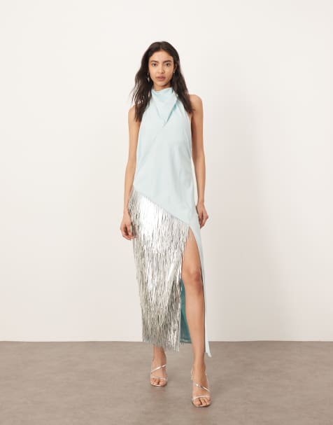 ARRANGE – Jasnoniebieska sukienka maxi z dekoltem typu halter i wstawką zdobioną frędzlami - view 1