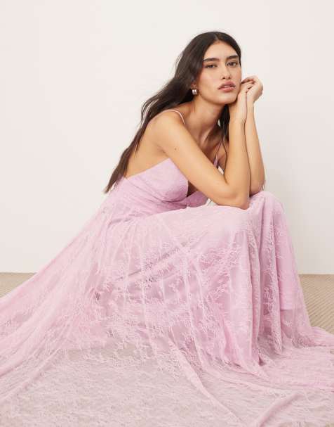 ARRANGE ruched waist maxi dress in lace in sugar pink
