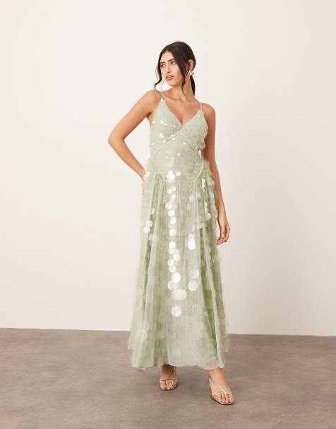 ARRANGE embellished sequin cami midi dress with full skirt in seafoam green