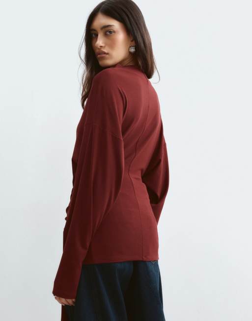 ARRANGE jersey long sleeve top with tie waist in wine, 5 of 5
