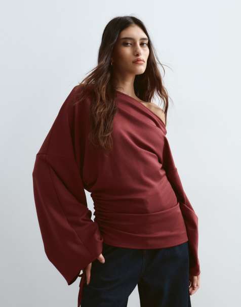 ARRANGE jersey off shoulder wide sleeve top with ruched hem in burgundy - view 1