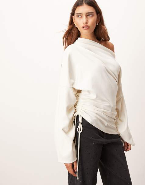 ARRANGE jersey off shoulder wide sleeve top with ruched hem in white - view 1