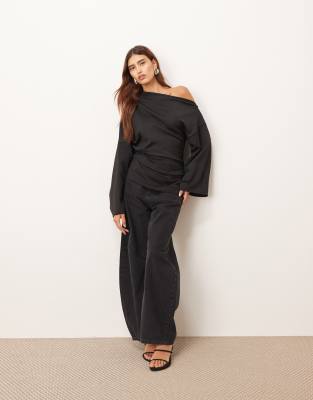 Arrange Jersey Off The Shoulder Wide Sleeves Top With Ruched Hem In Black