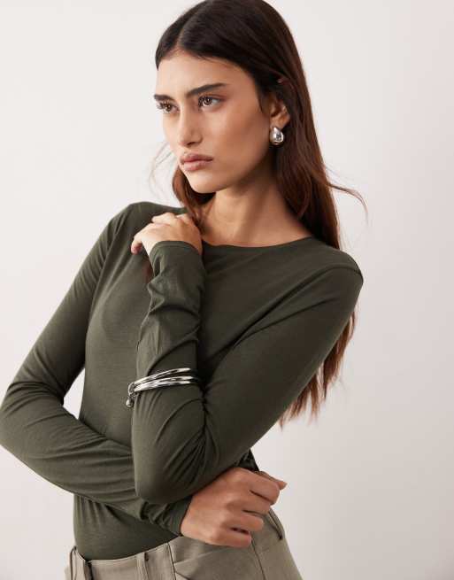 ARRANGE - Jersey top met lange mouwen en naaddetail in kaki, 3 van 4