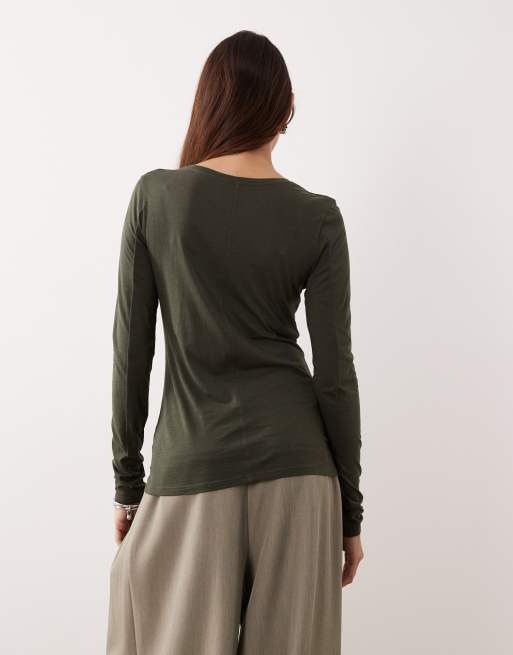 ARRANGE - Jersey top met lange mouwen en naaddetail in kaki, 4 van 4