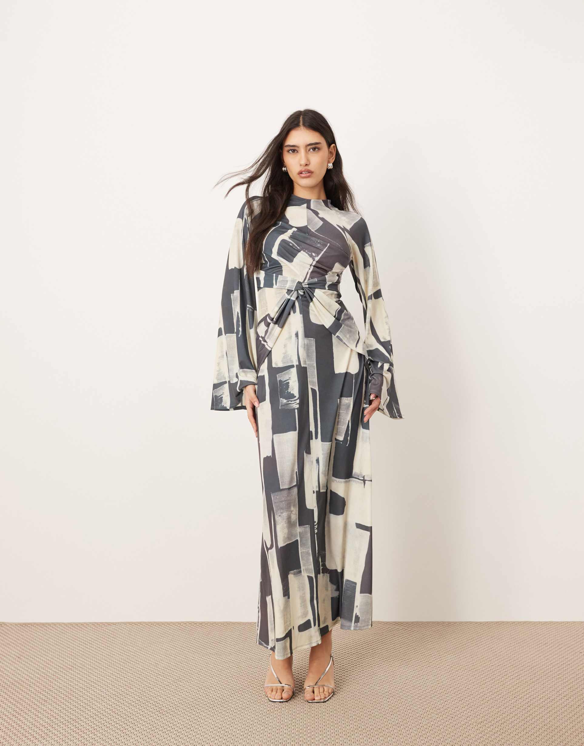 arrange jersey twist front maxi dress in abstract geo print