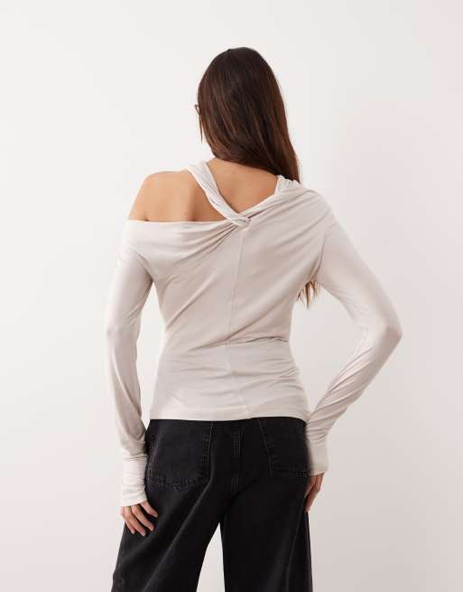 ARRANGE jersey twist neck long sleeve top in bone, 3 of 4