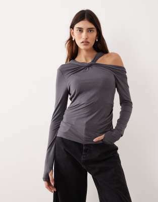 Arrange Jersey Twist Neck Long Sleeve Top In Gray