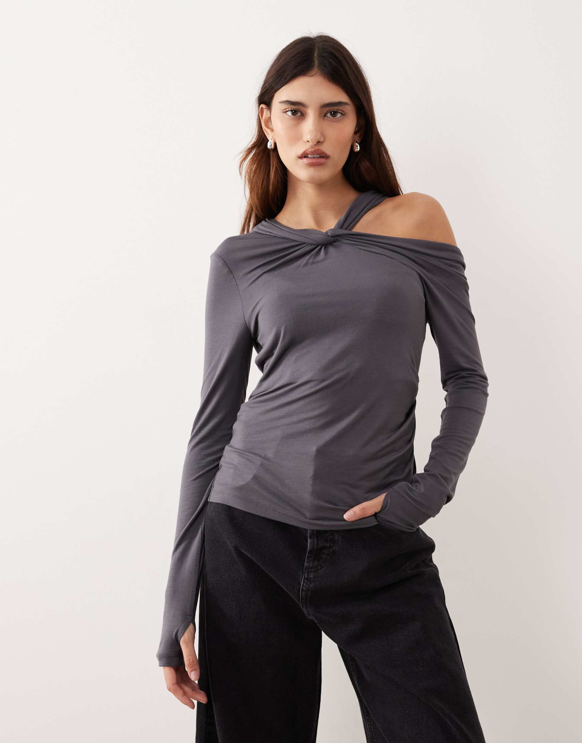 arrange jersey twist neck long sleeve top in charcoal