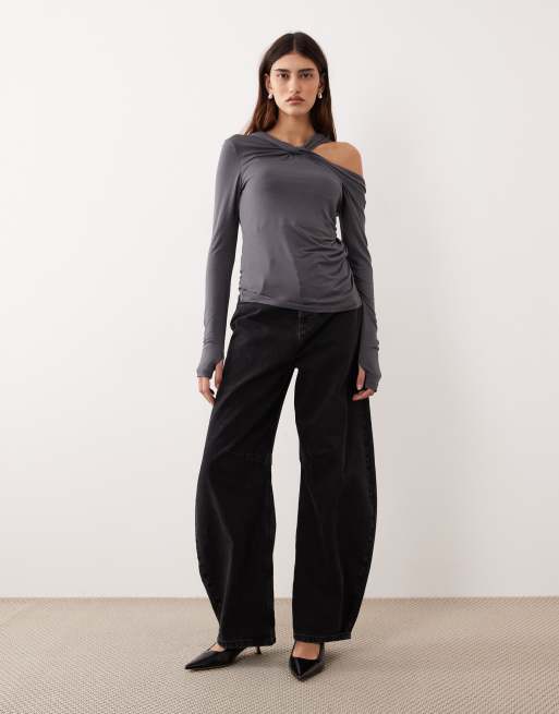 ARRANGE jersey twist neck long sleeve top in charcoal, 3 of 4