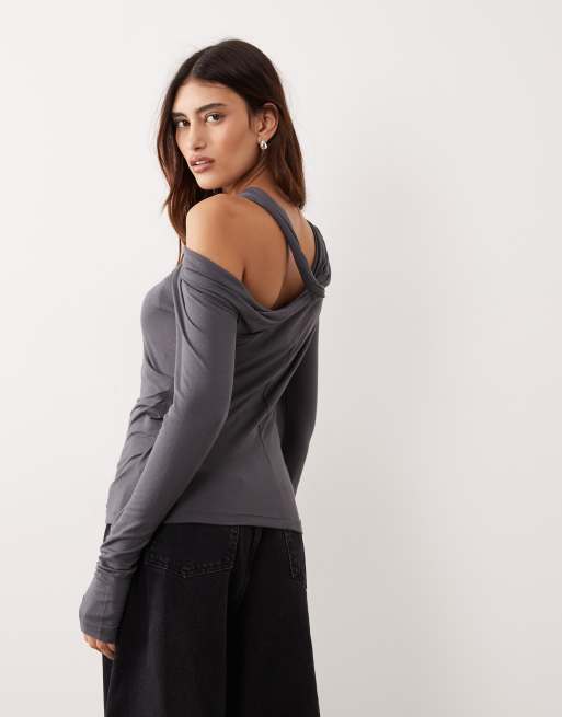 ARRANGE jersey twist neck long sleeve top in charcoal, 4 of 4