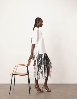 ARRANGE ARRANGE jumbo shard sequin fringe hem midi skirt in silver
