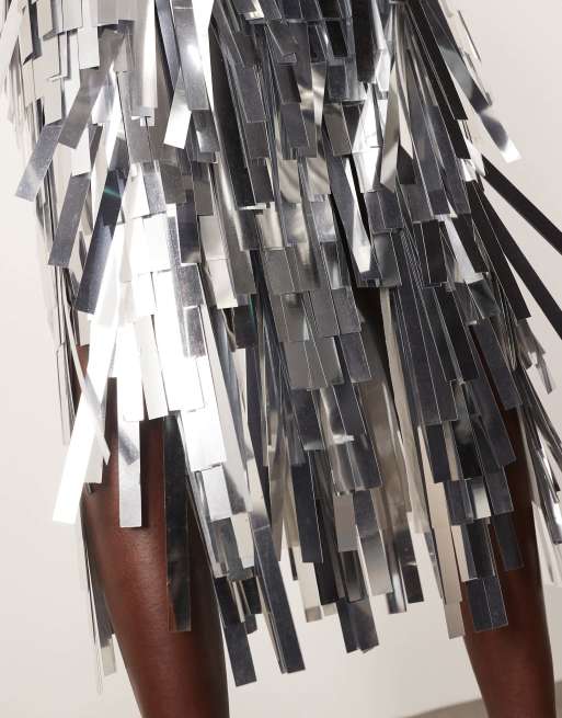 ARRANGE jumbo shard sequin fringe hem midi skirt in silver