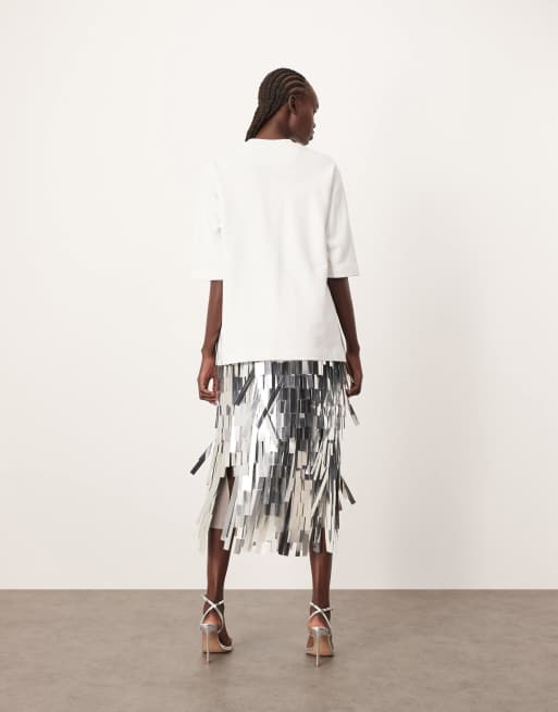 ARRANGE jumbo shard sequin fringe hem midi skirt in silver, 3 of 5