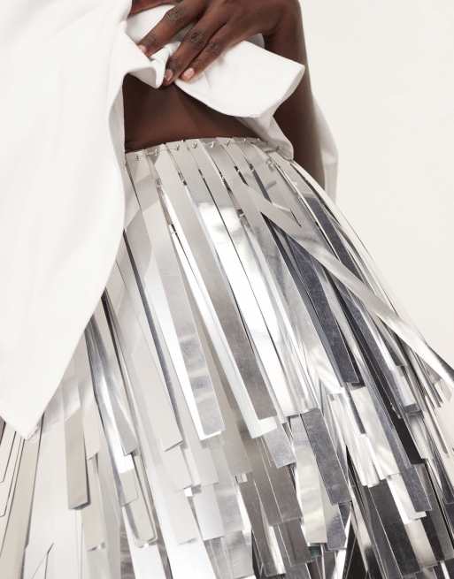 ARRANGE jumbo shard sequin fringe hem midi skirt in silver, 4 of 5