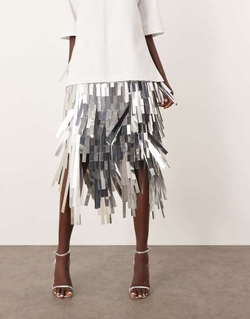 ARRANGE jumbo shard sequin fringe hem midi skirt in silver