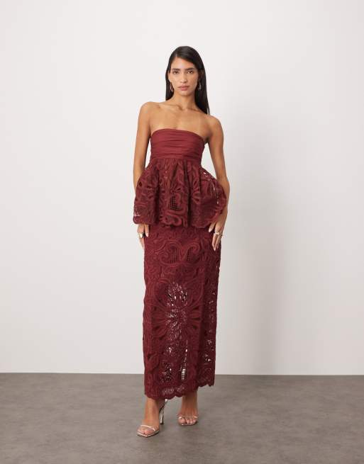 ARRANGE - Jupe d'ensemble droite mi-longue en broderie Cornely fleurie - Merlot