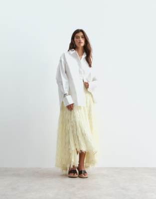 Jupe longue asymétrique à franges texturées - Jaune pastel 44