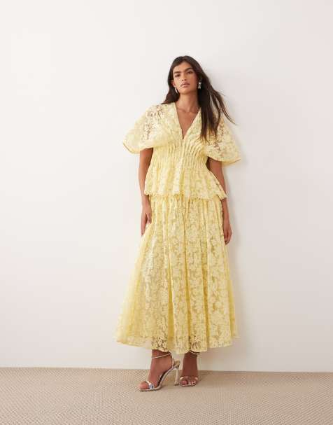ARRANGE - Jupe longueur mollet d'ensemble à taille plissée et broderies - Jaune - view 1