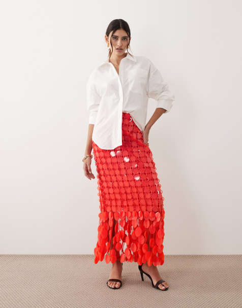 ARRANGE - Jupe mi-longue style futuriste avec sequins et ourlet à franges - Tomate - view 1