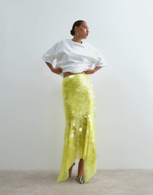 ARRANGE jupe midi à sequins, ourlet à découpe carrée, vert lime, 3 de 5