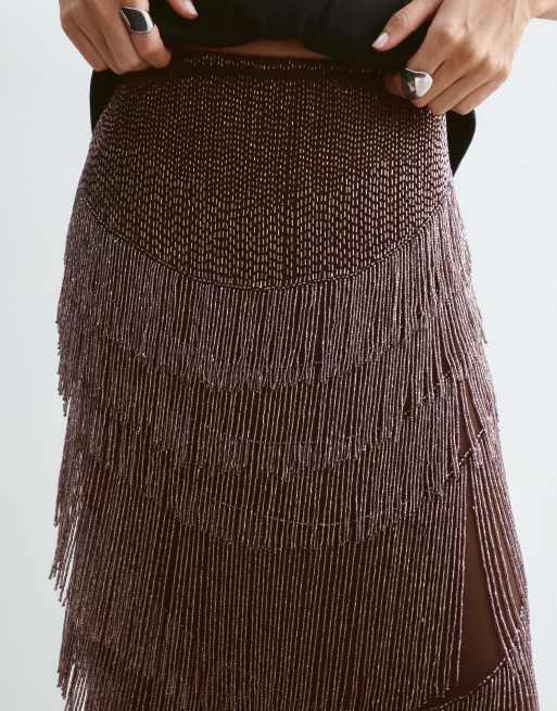 ARRANGE jupe midi coupe colonne à franges perlées en chocolat, 3 de 5