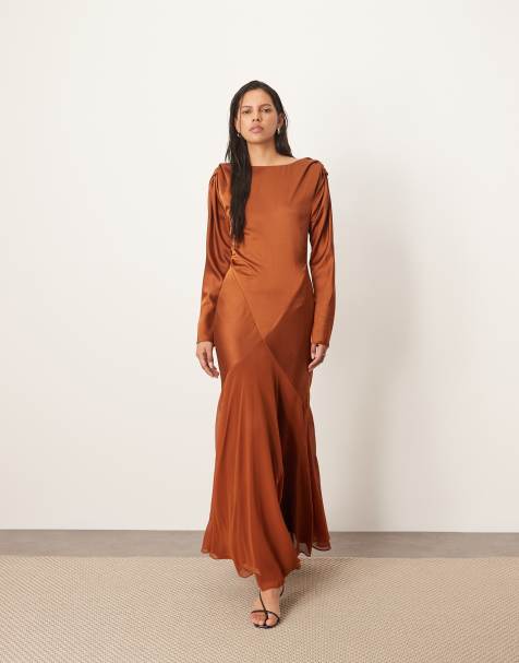 ARRANGE twist shoulder long sleeve hybrid maxi dress in caramel