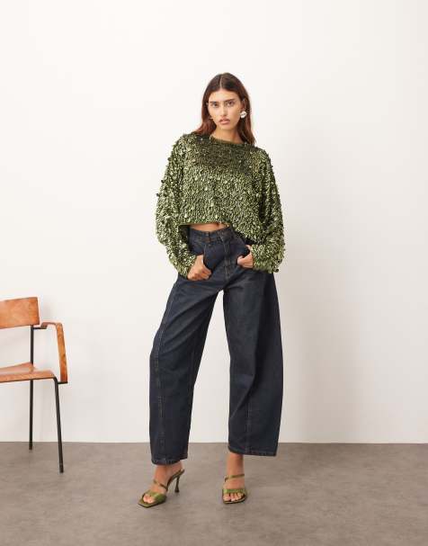 ARRANGE – Khakigrön topp med fyrkantig design, långa ärmar och paljetter - view 1