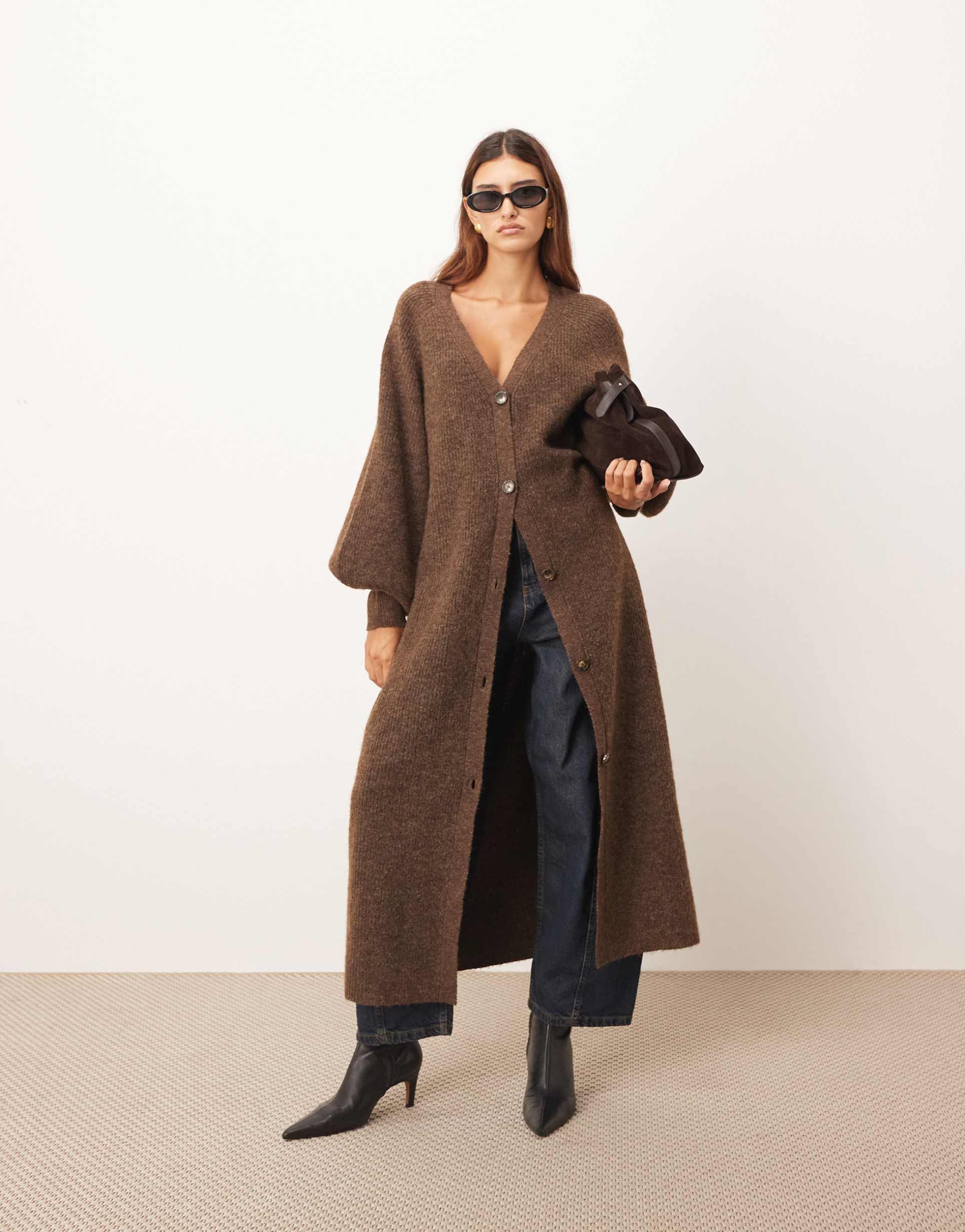 arrange knit balloon sleeve button up midi dress in chocolate