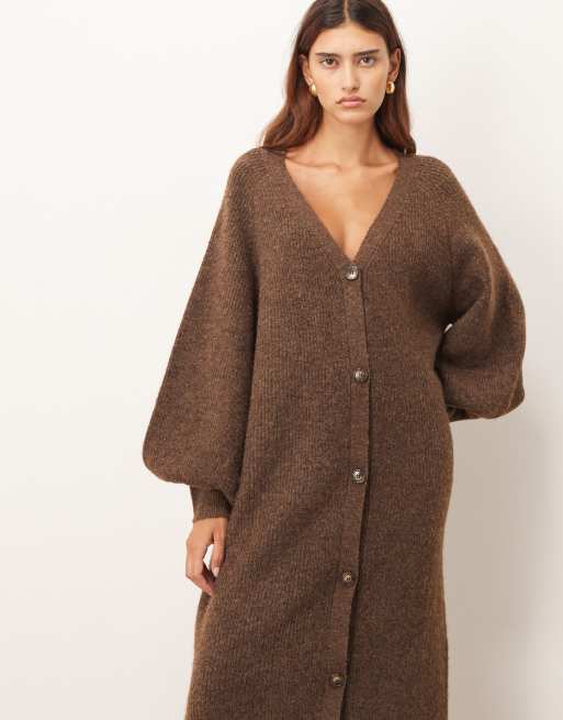 ARRANGE knit balloon sleeve button up midi dress in chocolate