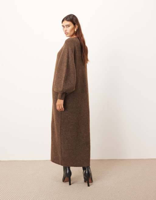 ARRANGE knit balloon sleeve button up midi dress in chocolate