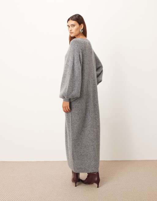 ARRANGE knit balloon sleeves button up maxi dress in gray