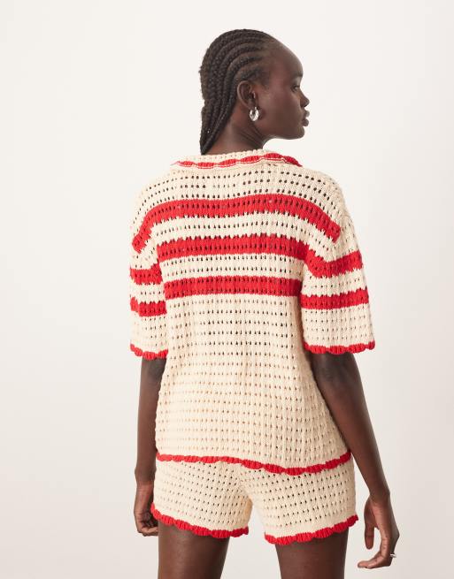 ARRANGE knit contrast stripe button through top with pockets in cream and red - part of a set