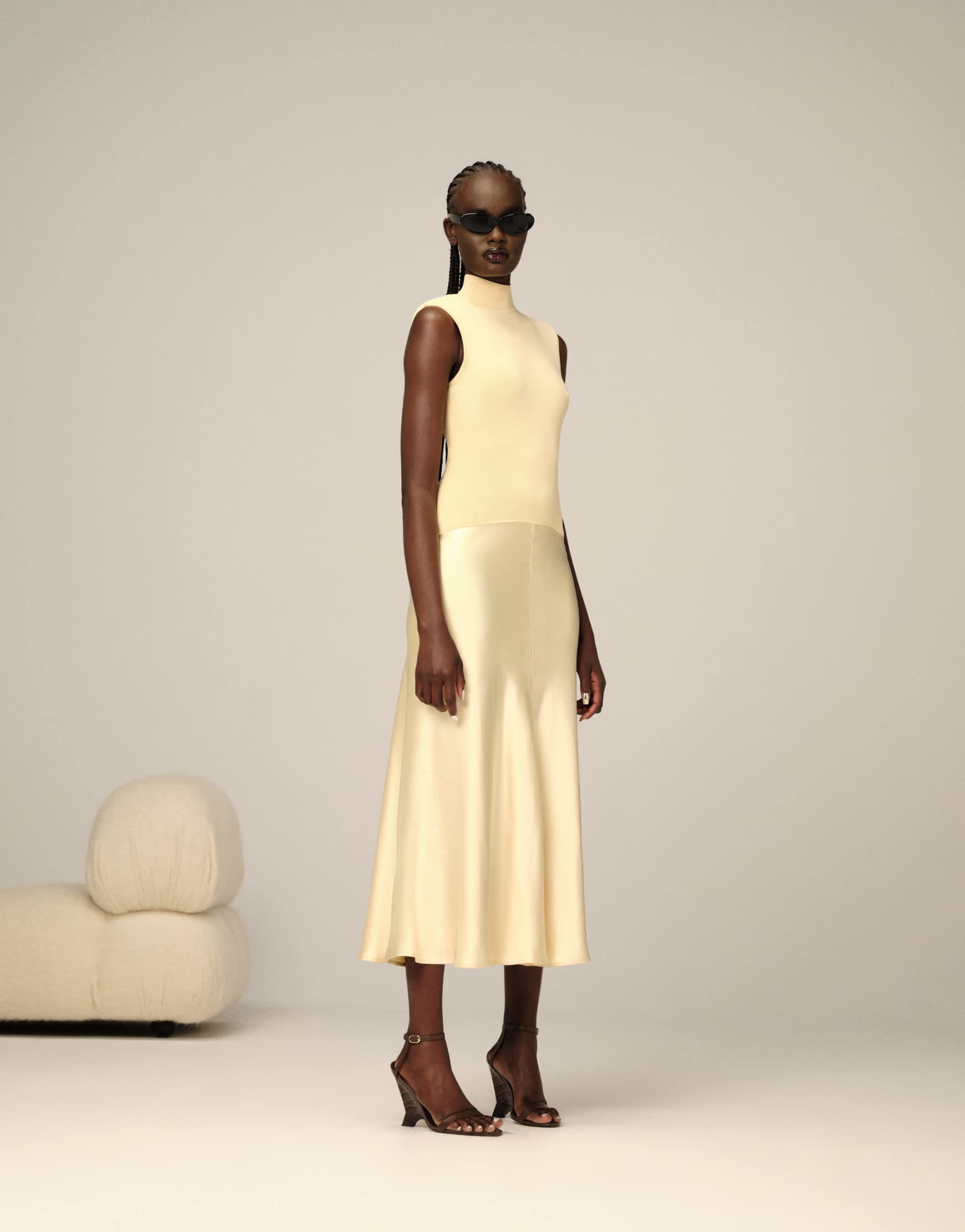 arrange knit drop waist midi dress with satin skirt in buttermilk