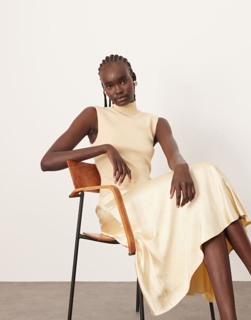 ARRANGE knit drop waist midi dress with satin skirt in off white