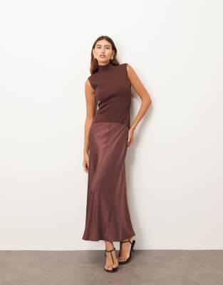 ARRANGE ARRANGE knit drop waist midi dress with satin skirt in chocolate-Brown